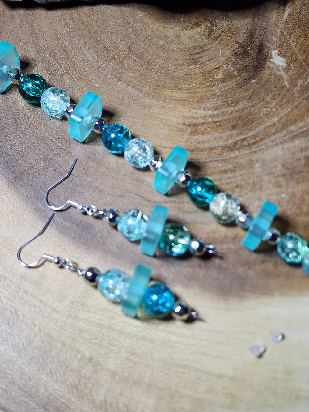 Hand Crafted  Crackled Glass Teal Beaded Bracelet and Earring Set
